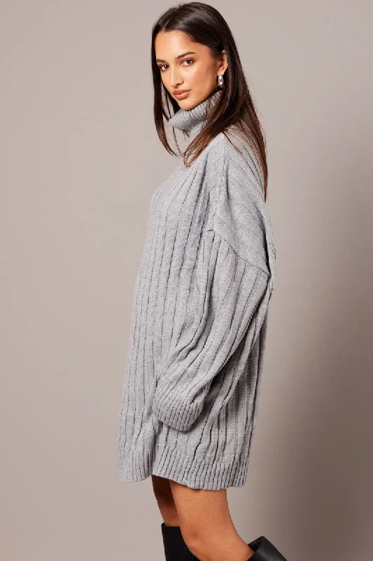 Grey Knit Dress Long Sleeve Jumper