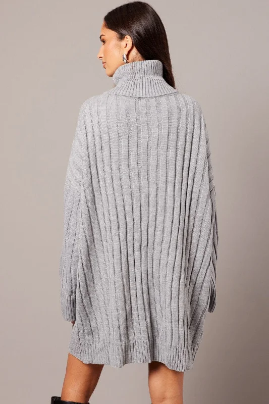 Grey Knit Dress Long Sleeve Jumper