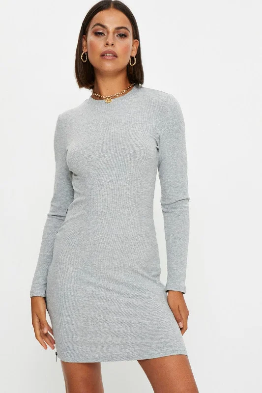 Grey Side Zip Bodycon Ribbed Dress