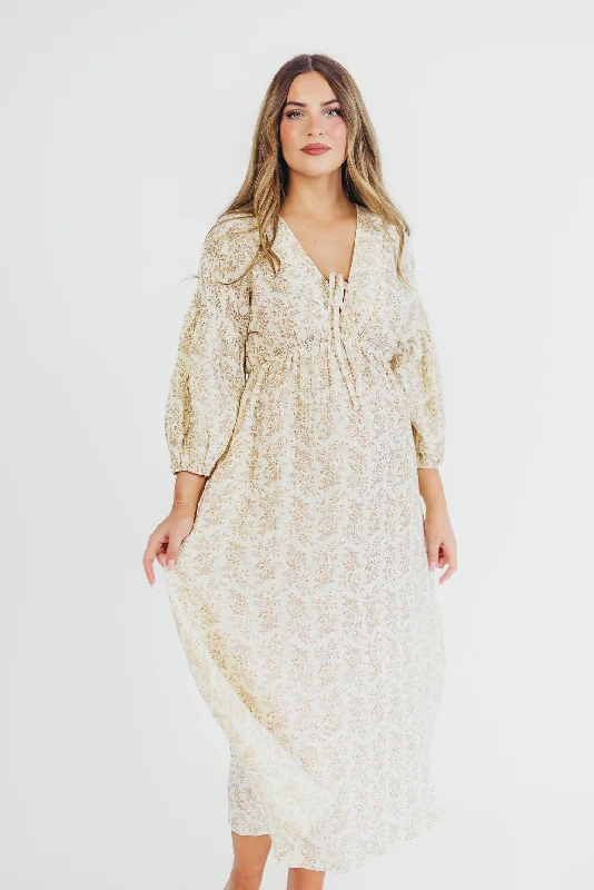 Hunter 100% Cotton Gauze Midi Dress in Natural/Tan Floral - Bump Friendly and Inclusive Sizing