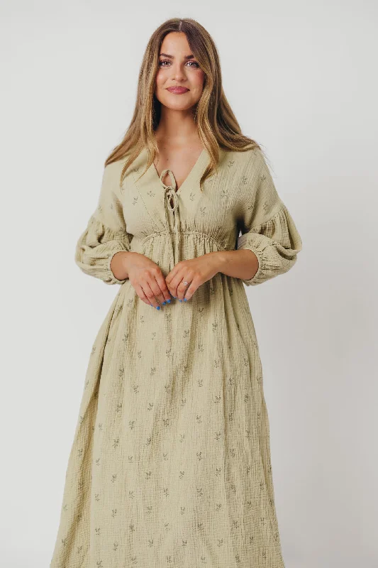 Hunter 100% Cotton Gauze Midi Dress in Thyme/Sage Foliage - Bump Friendly and Inclusive Sizing