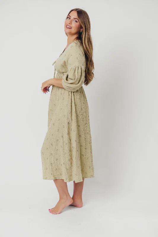 Hunter 100% Cotton Gauze Midi Dress in Thyme/Sage Foliage - Bump Friendly and Inclusive Sizing