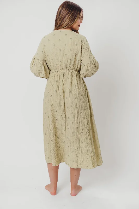 Hunter 100% Cotton Gauze Midi Dress in Thyme/Sage Foliage - Bump Friendly and Inclusive Sizing