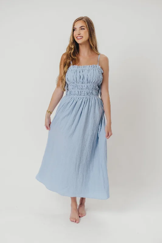 Isla Linen Midi Dress with Ruched Bodice and Side Tie in Light Blue