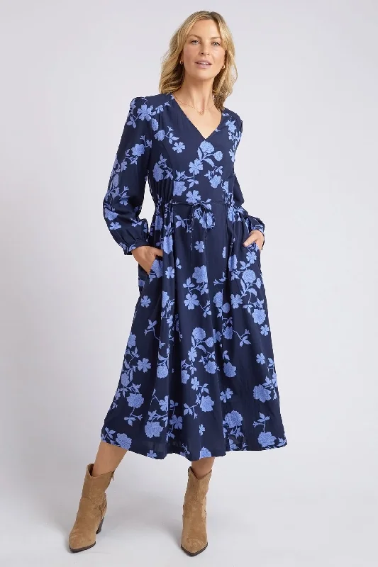 Kacey Navy Floral V Neck Midi Dress