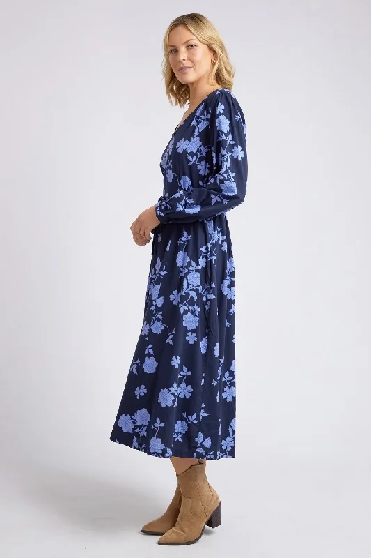 Kacey Navy Floral V Neck Midi Dress