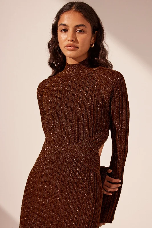 KAMARI LONG SLEEVE CUT OUT MIDI DRESS - BRANDY BROWN