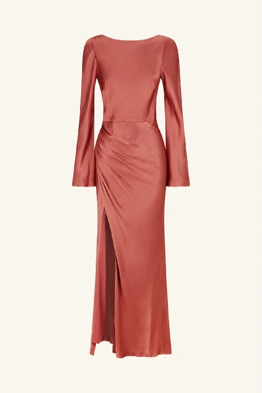 LA LUNE FLARED SLEEVE SIDE SPLIT MIDI DRESS - TERRACOTTA