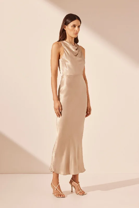 LA LUNE HIGH NECK MIDI DRESS - GOLD