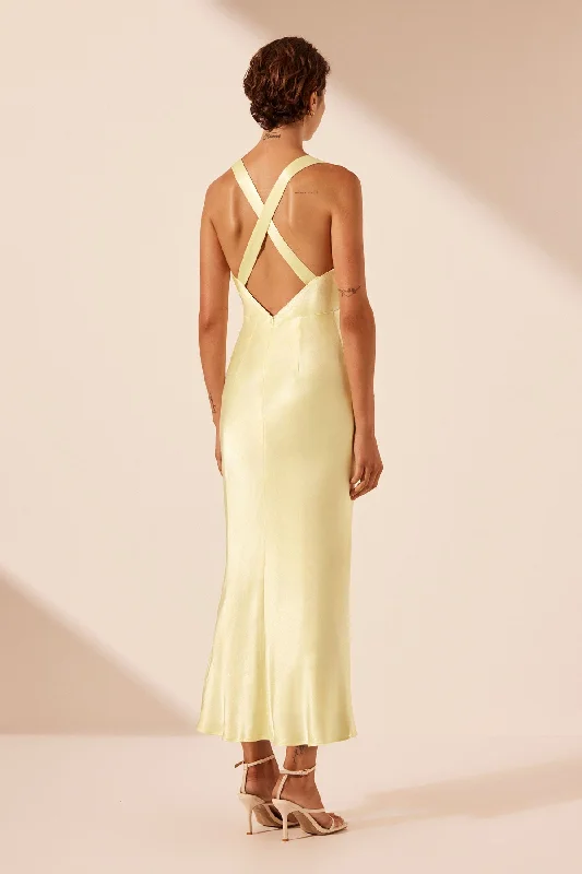 LA LUNE PLUNGED CROSS BACK MIDI DRESS - LEMON