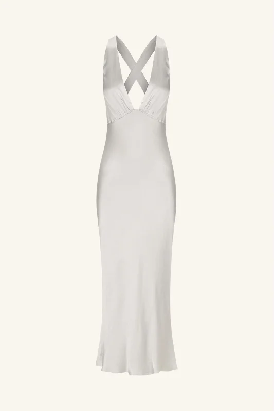 LA LUNE PLUNGED CROSS BACK MIDI DRESS - SILVER