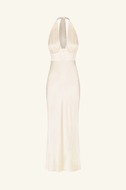 LA LUNE PLUNGED HALTER MIDI DRESS - CREAM