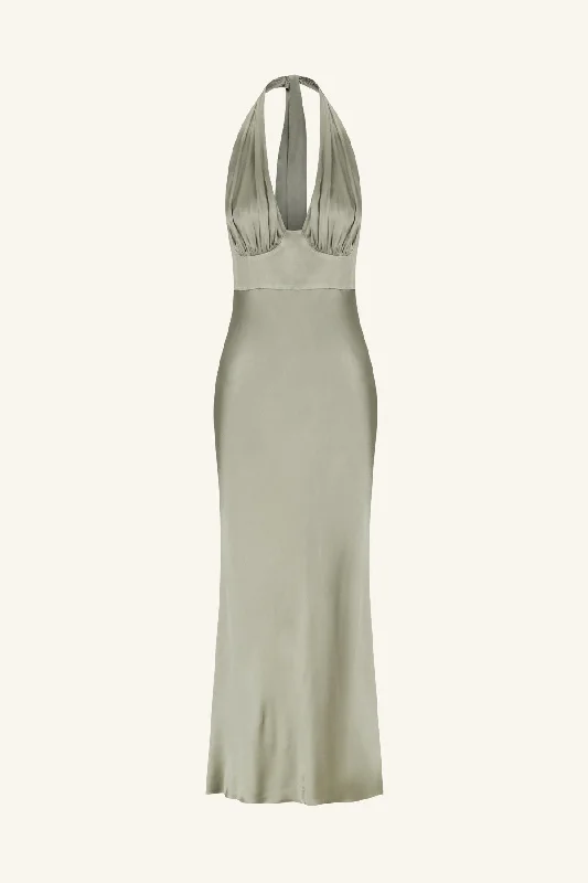 LA LUNE PLUNGED HALTER MIDI DRESS - SAGE