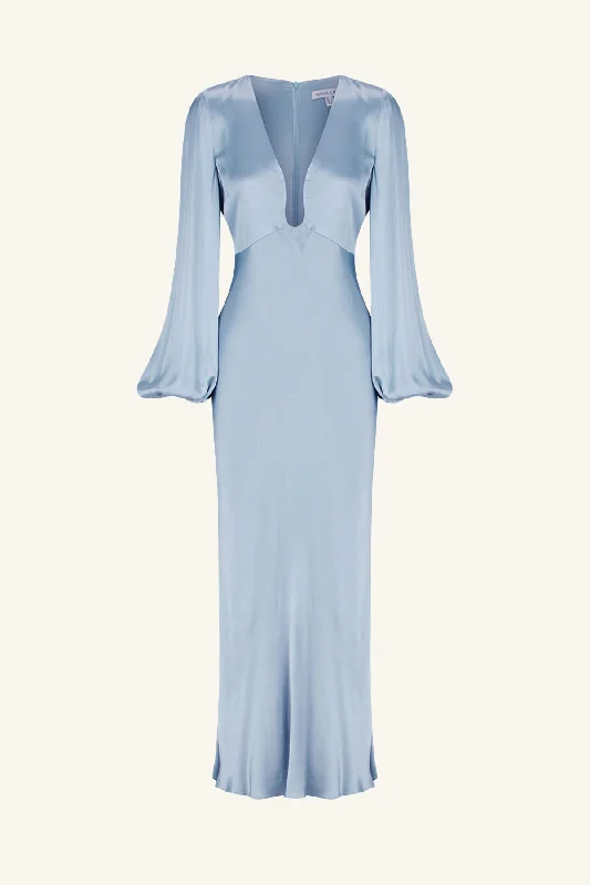 LA LUNE PLUNGED NECK BALLOON SLEEVE MIDI DRESS - POWDER BLUE