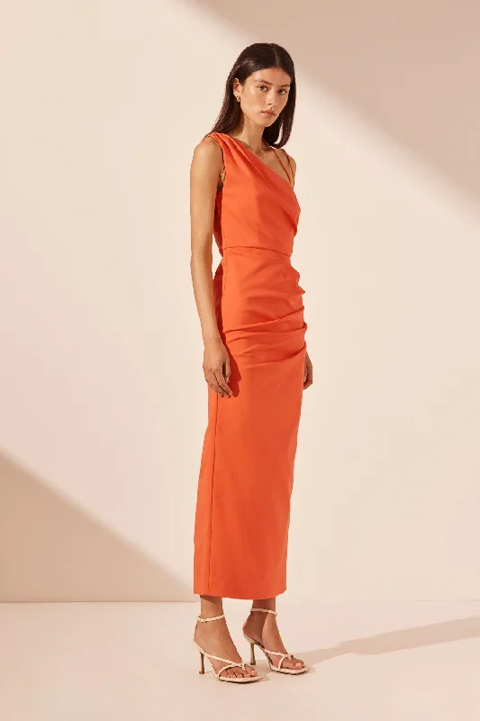 LANI ASYMMETRICAL GATHERED MIDI DRESS - HIBISCUS