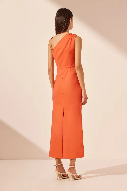 LANI ASYMMETRICAL GATHERED MIDI DRESS - HIBISCUS