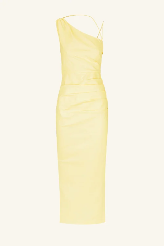 LANI ASYMMETRICAL GATHERED MIDI DRESS - LEMON