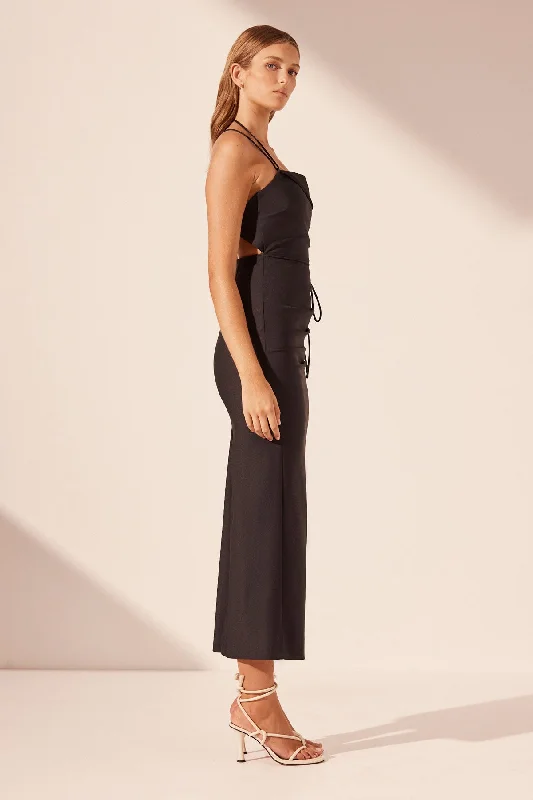 LANI DRAPED CROSS BACK MIDI DRESS - BLACK