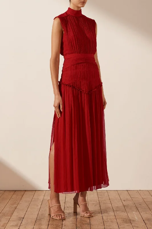 LÈONIE HIGH NECK MIDI DRESS - SCARLETT