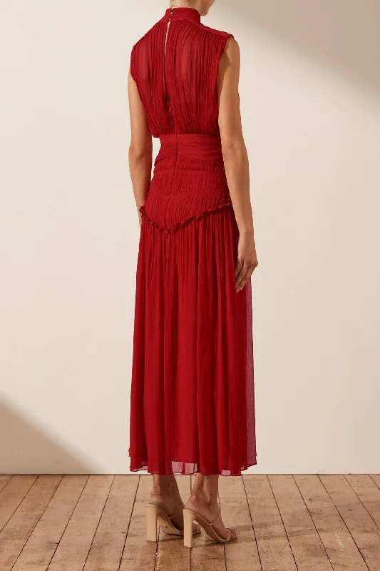 LÈONIE HIGH NECK MIDI DRESS - SCARLETT