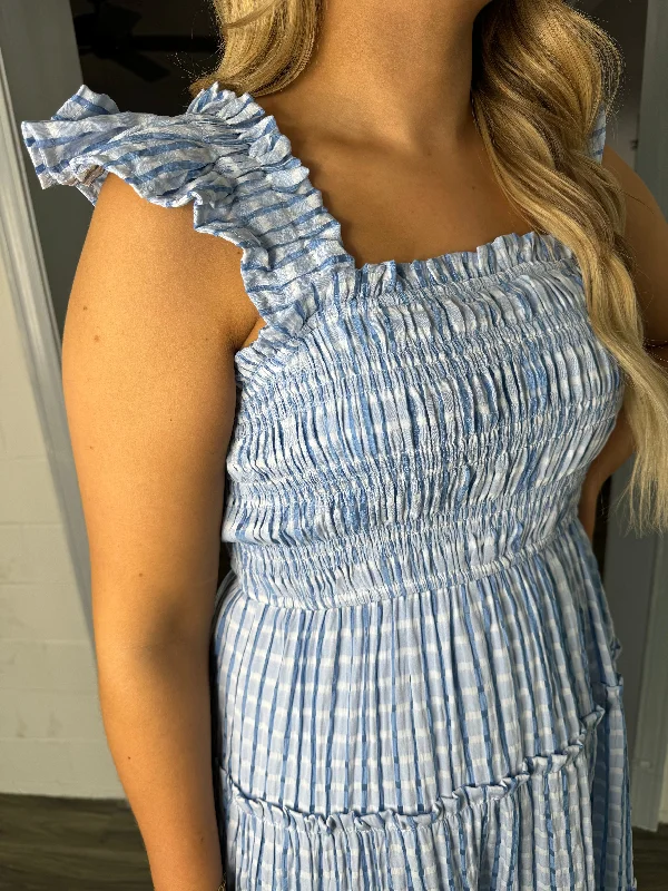 light blue gingham smocked detail midi dress