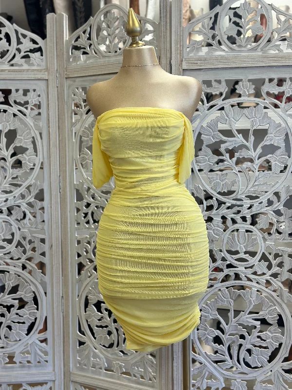 Light Yellow Off Shoulder Ruched Midi Dress- Stretchy