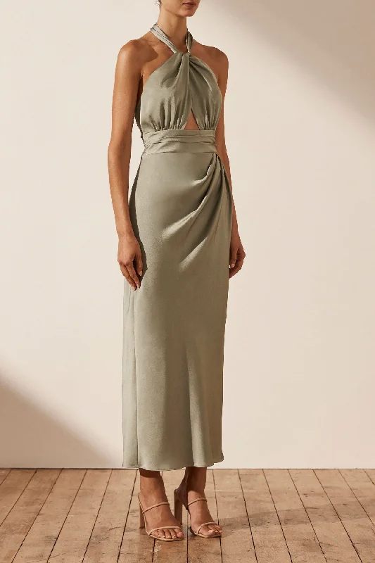 LUXE GATHERED HALTER MIDI DRESS - EUCALYPTUS