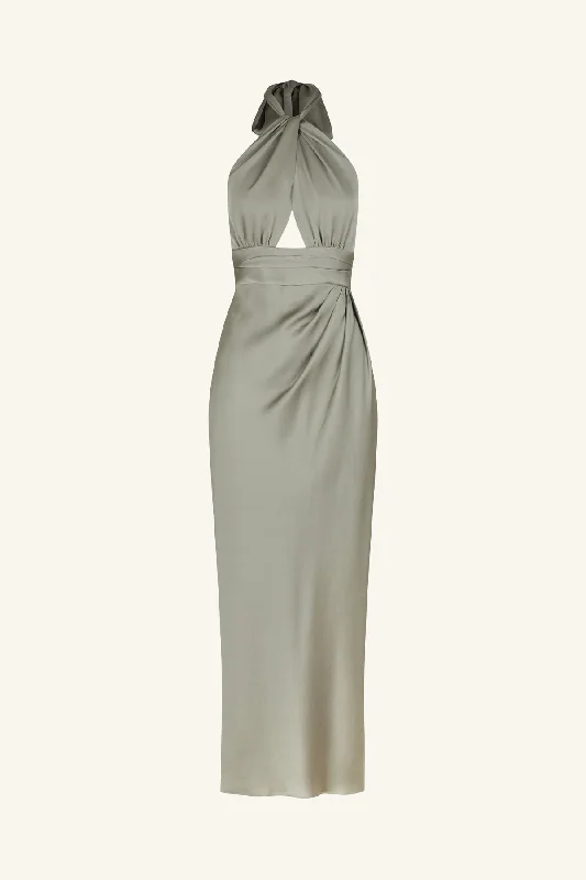 LUXE GATHERED HALTER MIDI DRESS - EUCALYPTUS