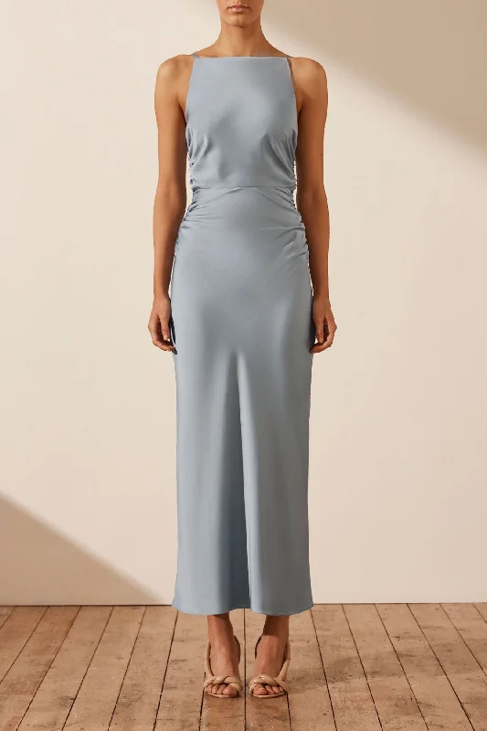 LUXE HIGH NECK RUCHED MIDI DRESS - AZURE