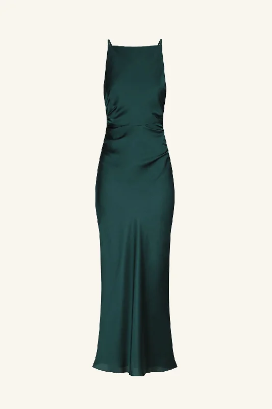 LUXE HIGH NECK RUCHED MIDI DRESS - EMERALD