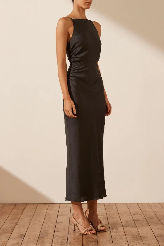 LUXE HIGH NECK RUCHED MIDI DRESS - ONYX