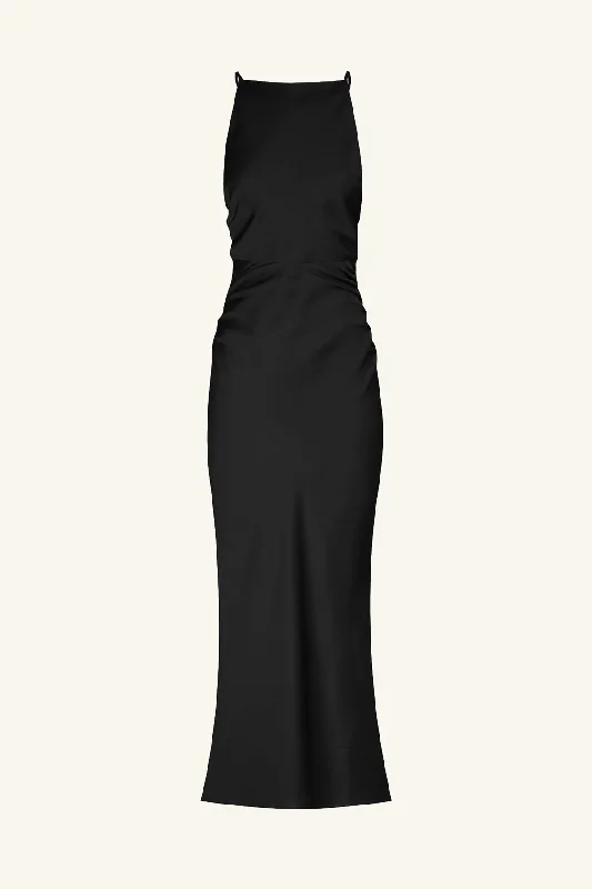 LUXE HIGH NECK RUCHED MIDI DRESS - ONYX