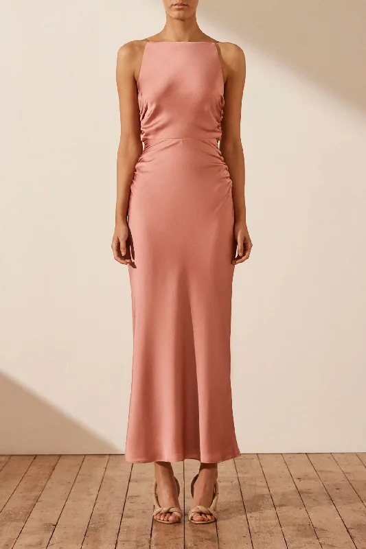 LUXE HIGH NECK RUCHED MIDI DRESS - ROSE