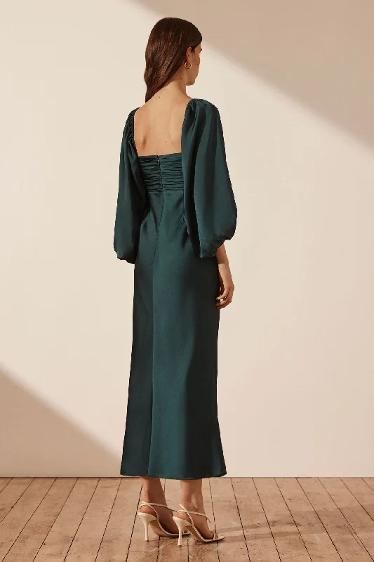 LUXE RUCHED BODICE LONG SLEEVE MIDI DRESS - EMERALD