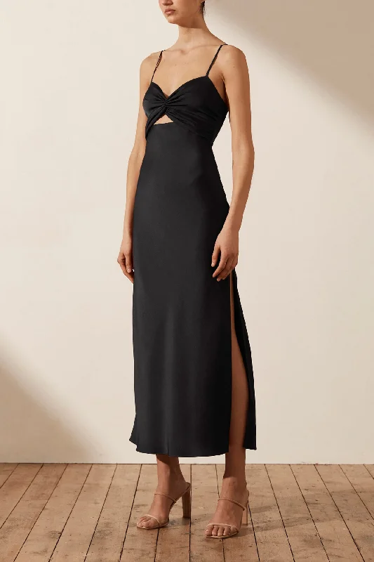 LUXE TWIST FRONT SLEEVELESS MIDI DRESS - ONYX