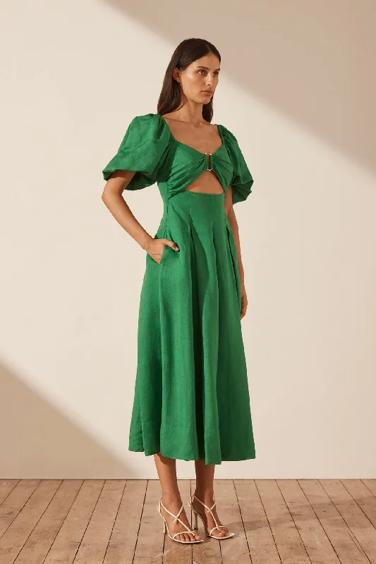 MARE LINEN SHORT SLEEVE CUT OUT MIDI DRESS - TREE GREEN