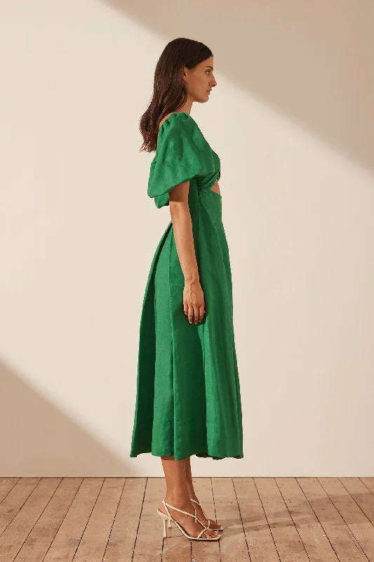 MARE LINEN SHORT SLEEVE CUT OUT MIDI DRESS - TREE GREEN