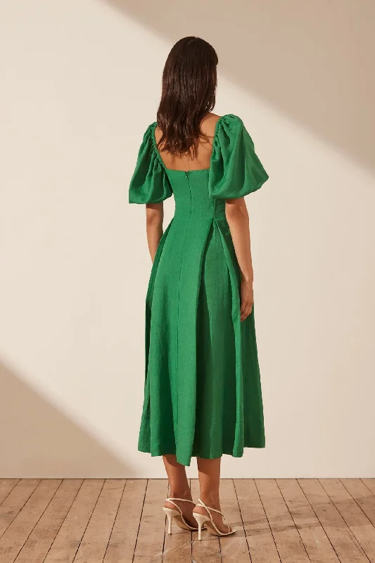 MARE LINEN SHORT SLEEVE CUT OUT MIDI DRESS - TREE GREEN