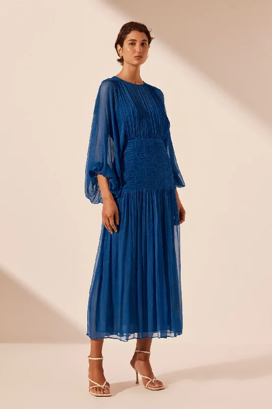 MAYA RUCHED PANELLED MIDI DRESS - STRONG BLUE