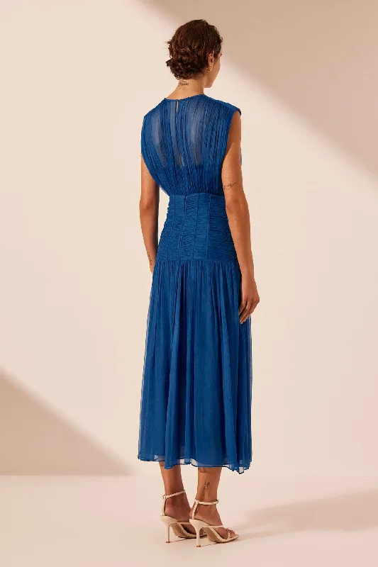 MAYA RUCHED SLEEVELESS MIDI DRESS - STRONG BLUE