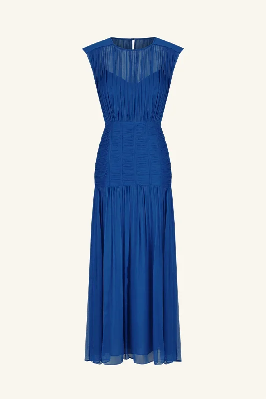 MAYA RUCHED SLEEVELESS MIDI DRESS - STRONG BLUE