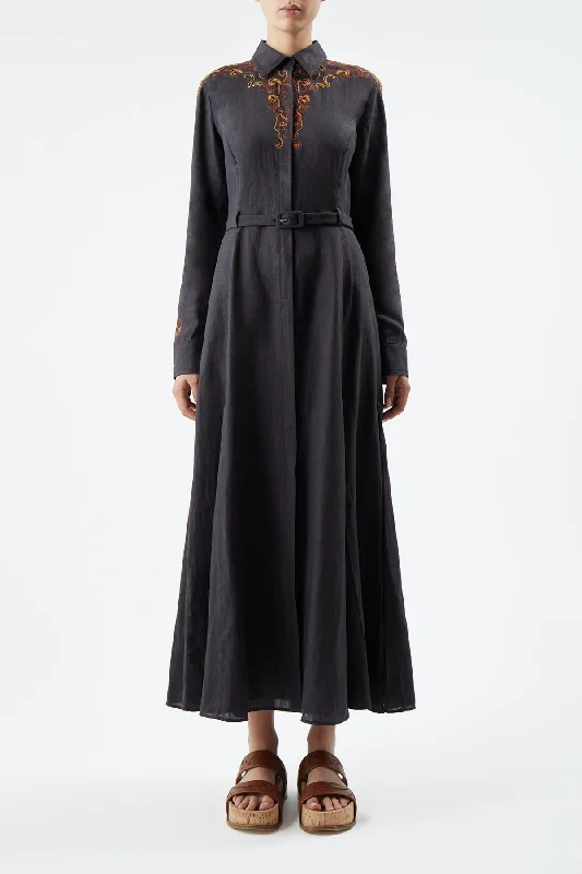 Mcgraw Embroidered Shirtdress in Charcoal Aloe Linen