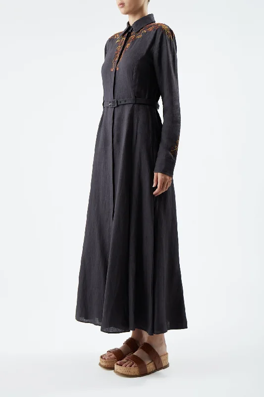 Mcgraw Embroidered Shirtdress in Charcoal Aloe Linen