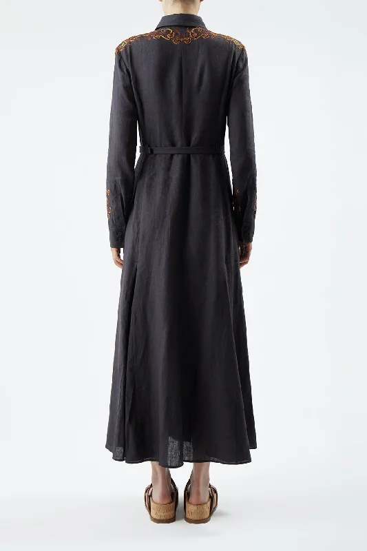 Mcgraw Embroidered Shirtdress in Charcoal Aloe Linen