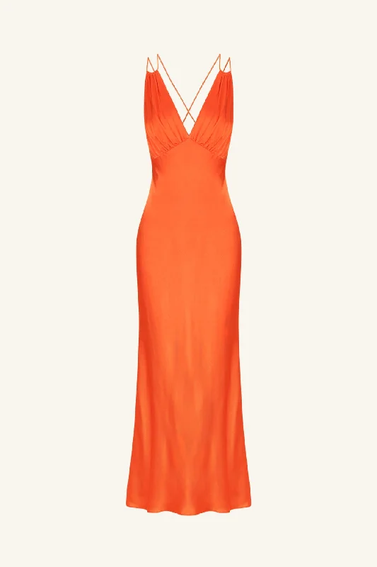 MIA CONTRAST PLUNGED DOUBLE STRAP MIDI DRESS - RED ORANGE / HIBISCUS