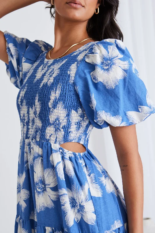 Milano Blue Hibiscus Bubble Sleeve Tiered Maxi Dress