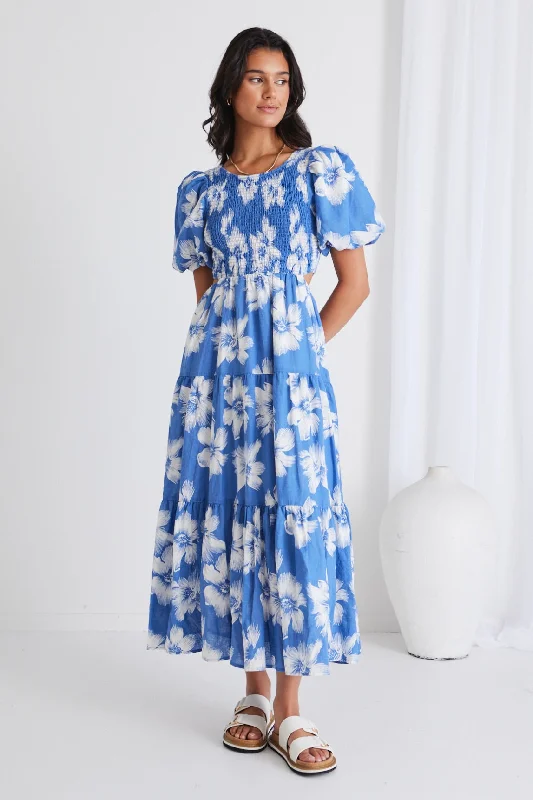 Milano Blue Hibiscus Bubble Sleeve Tiered Maxi Dress