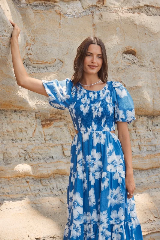 Milano Blue Hibiscus Bubble Sleeve Tiered Maxi Dress