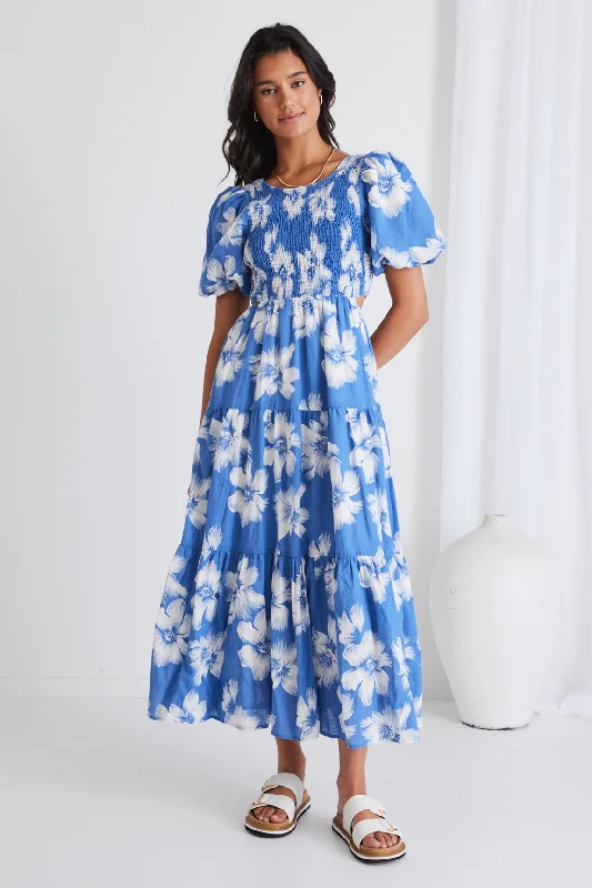 Milano Blue Hibiscus Bubble Sleeve Tiered Maxi Dress