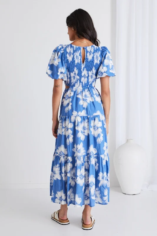 Milano Blue Hibiscus Bubble Sleeve Tiered Maxi Dress